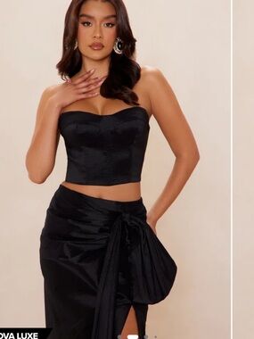 Elegant Black High-Slit Satin Maxi Skirt Top